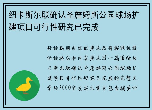 纽卡斯尔联确认圣詹姆斯公园球场扩建项目可行性研究已完成 纽卡斯尔联确认圣詹姆斯公园球场扩建项目可行性研究已完成